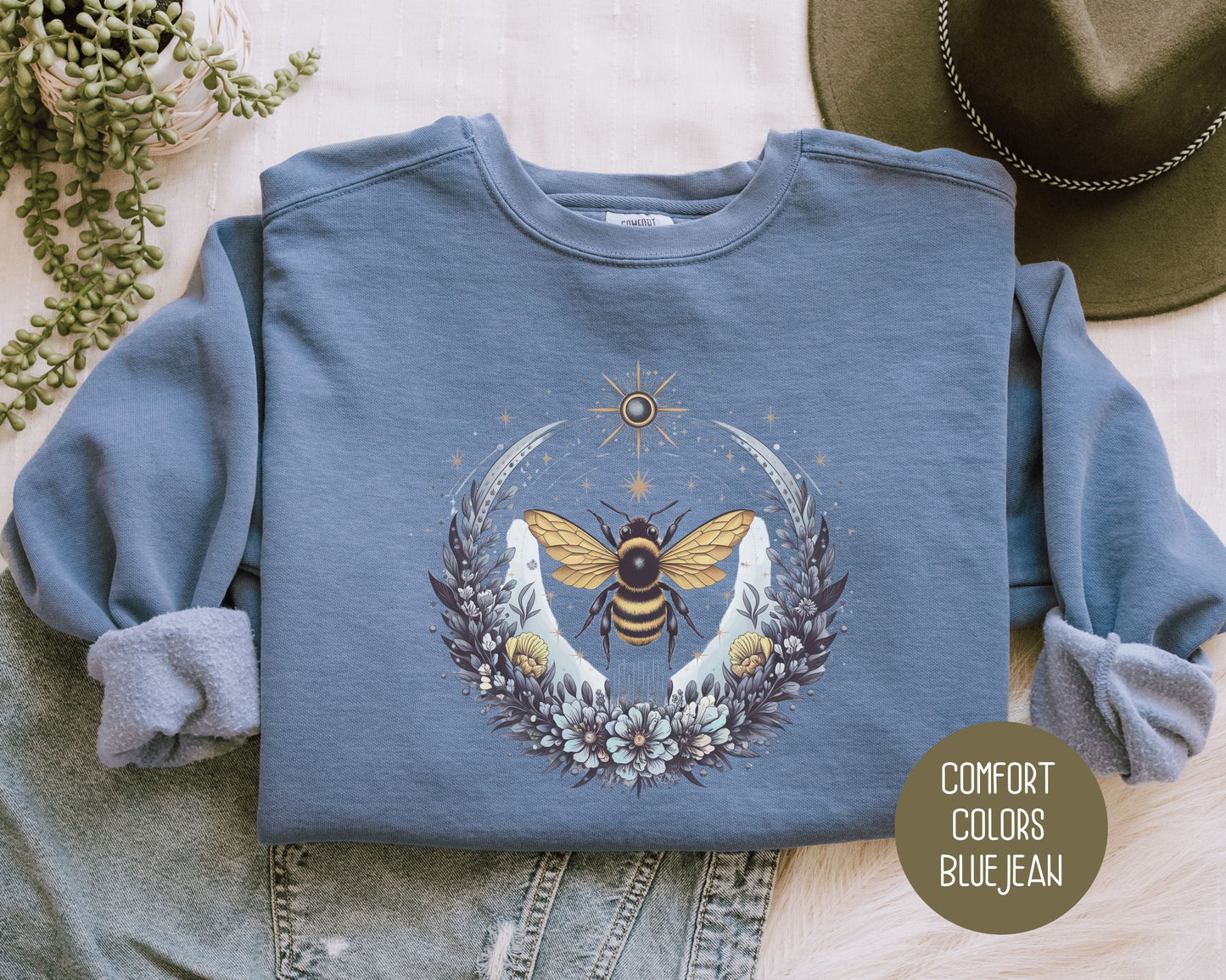 Boho Celestial Floral Bee Comfort Colors Sweatshirt-0