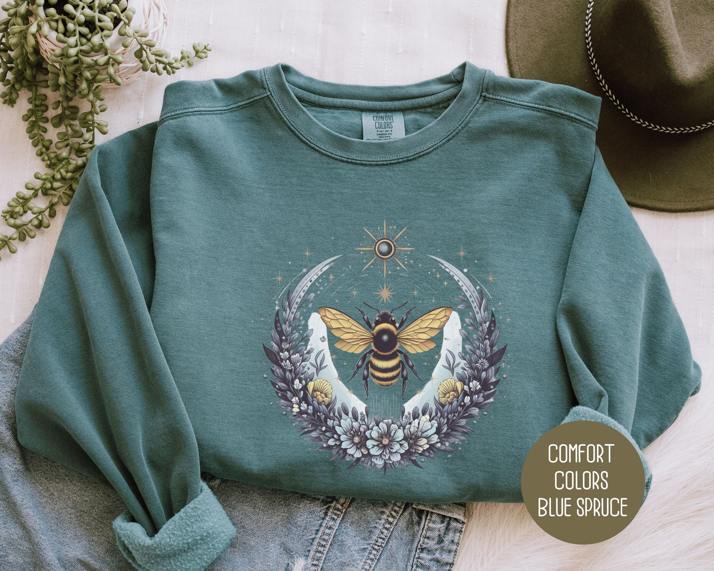 Boho Celestial Floral Bee Comfort Colors Sweatshirt-2