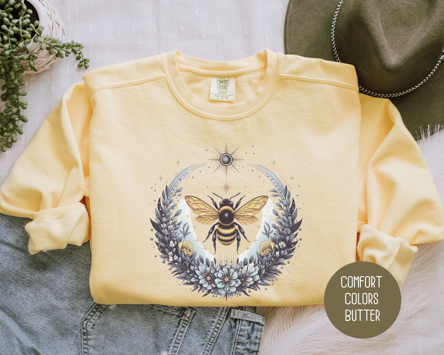 Boho Celestial Floral Bee Comfort Colors Sweatshirt-1