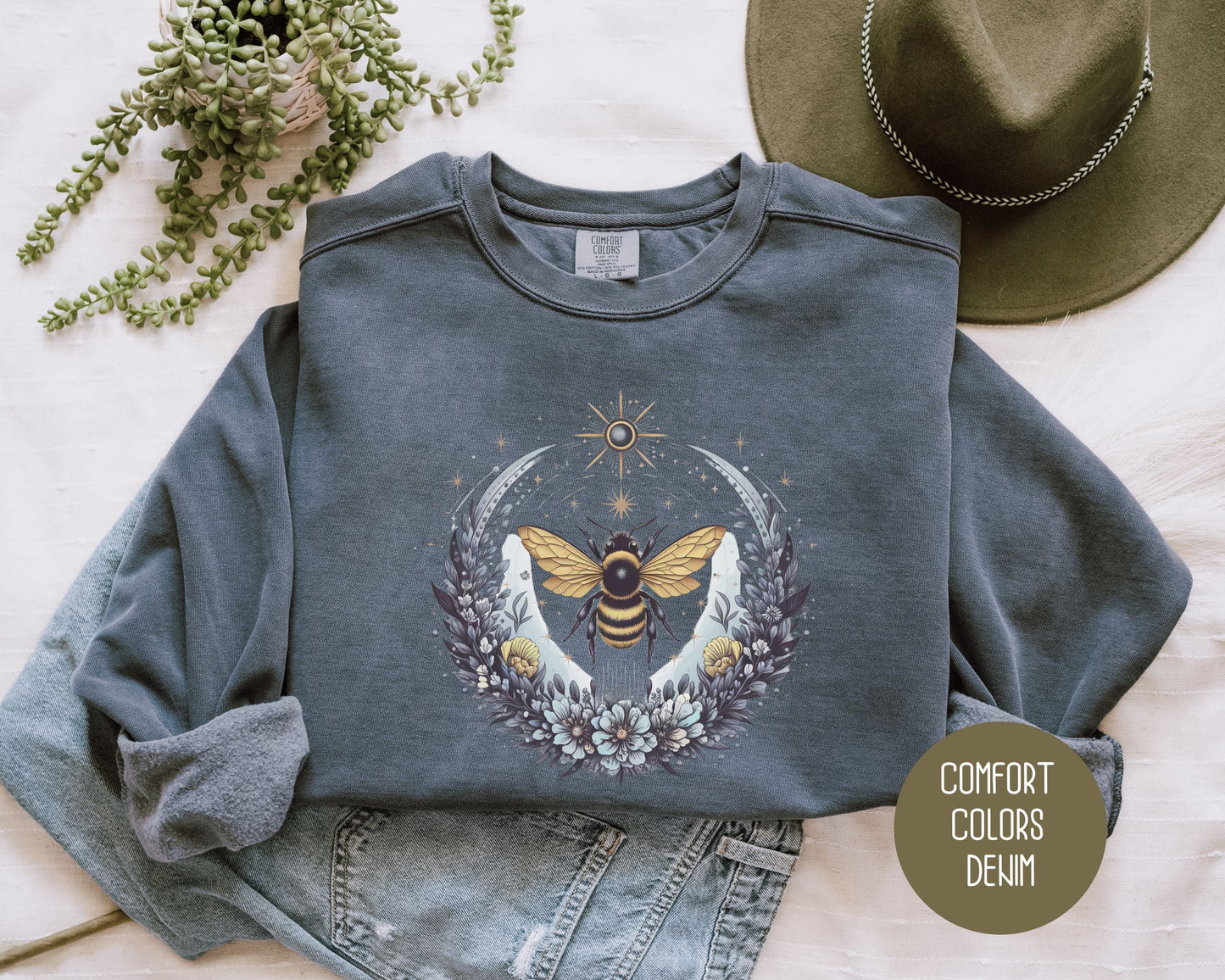 Boho Celestial Floral Bee Comfort Colors Sweatshirt-3