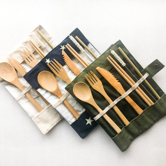 Bamboo Cutlery Set in Organic Cotton Travel Pouch